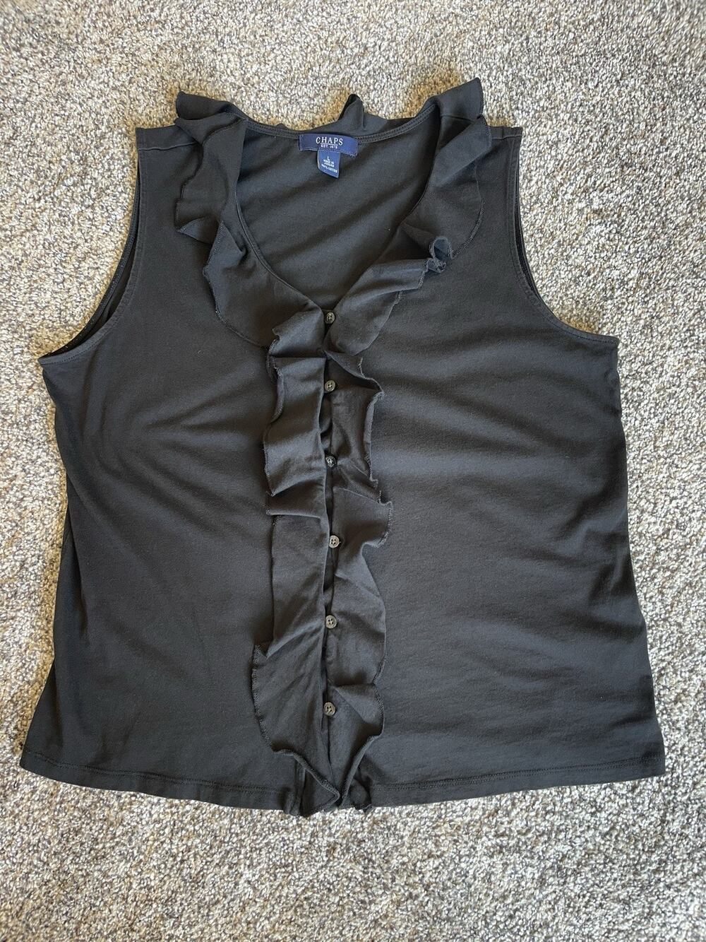 Chaps Ralph Lauren Women's Black Ruffle Button-up Sleeveless Tank Blouse Large